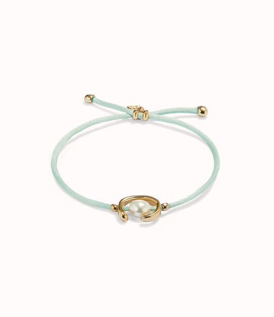 Pulsera de hilo verde azulado con perla shell fornitura bañada en oro 18k.
